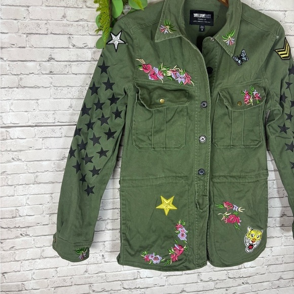 William Rast Olive Green Fatigue Floral Embroidered Patch Cargo Jackete - Picture 2 of 4